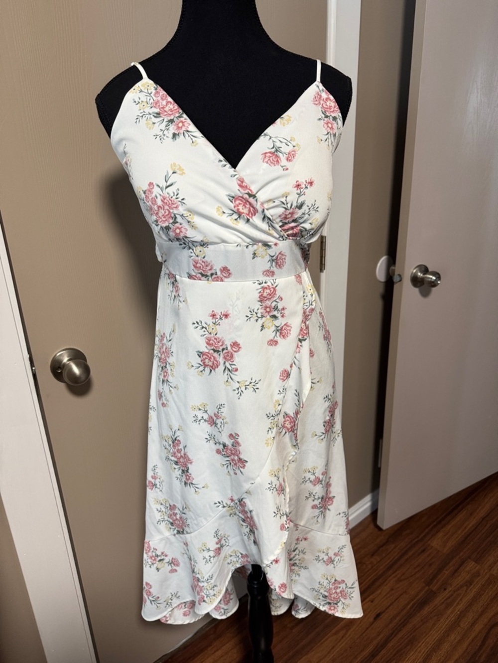 No Boundaries White Midi Dress with Pink Floral Print and Yellow Accents